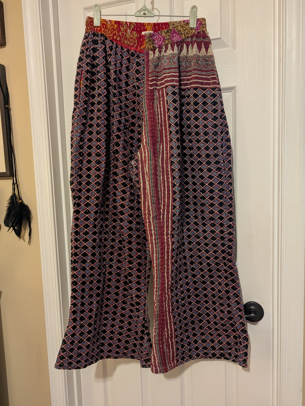 WEVEZ Kantha Patchwork Wide Leg Pants Boho Elastic Waist